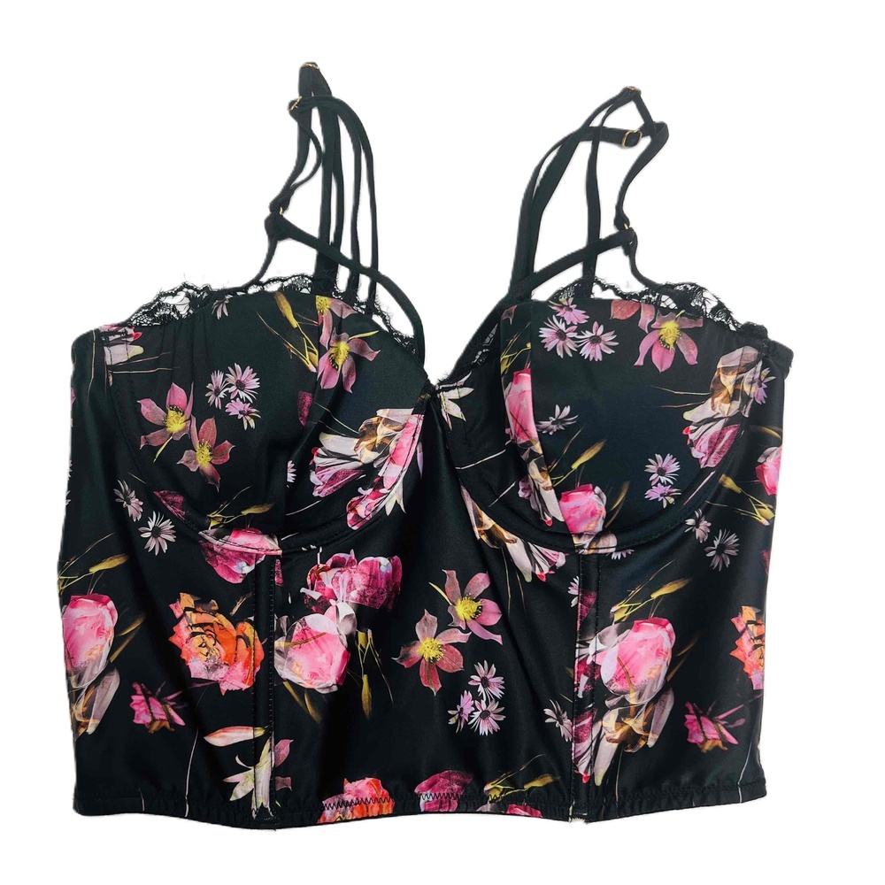 NWT Victoria's Secret 32C Bustier Black Floral Lace Strappy‎ Front Zip